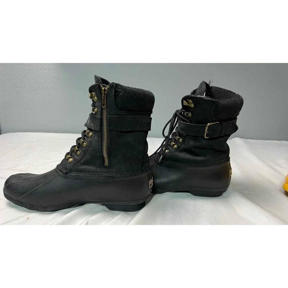 Sperry Saltwater Black Waterproof Duck Boots Women 9.5 STS83220 Side Zip Leather